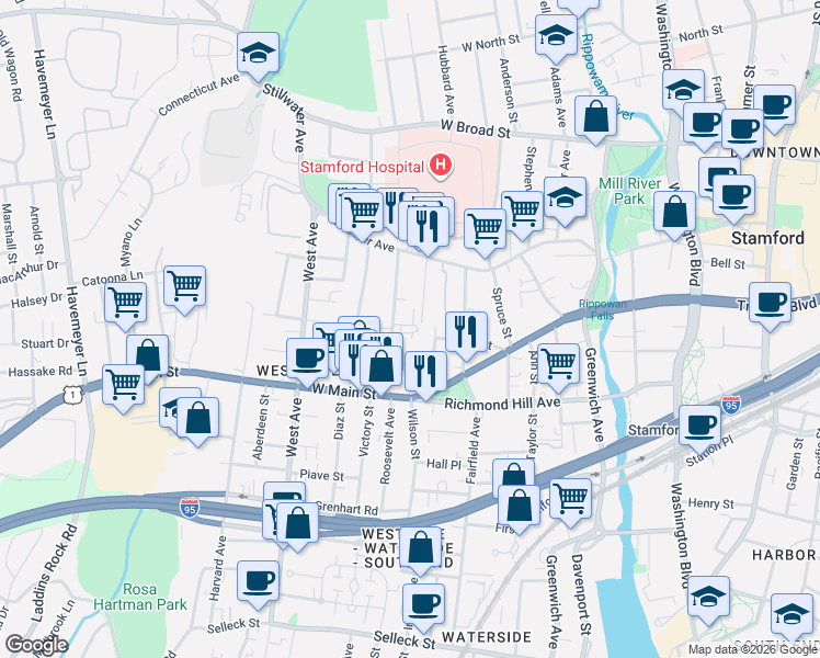 map of restaurants, bars, coffee shops, grocery stores, and more near 65 Liberty Street in Stamford