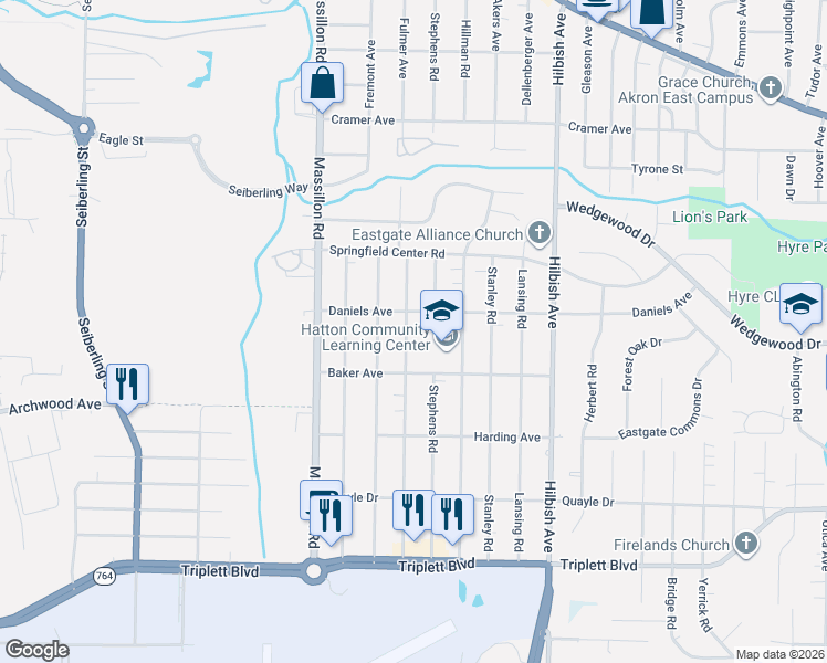 map of restaurants, bars, coffee shops, grocery stores, and more near 401 Fulmer Avenue in Akron