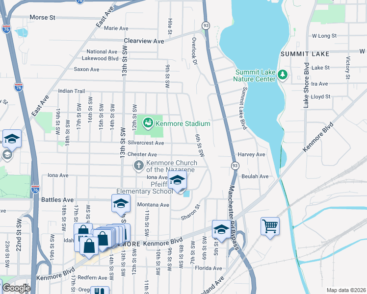 map of restaurants, bars, coffee shops, grocery stores, and more near 711 Silvercrest Avenue in Akron