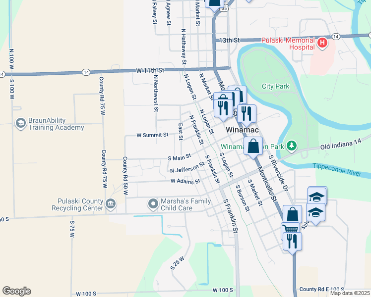 map of restaurants, bars, coffee shops, grocery stores, and more near 129 North East Street in Winamac