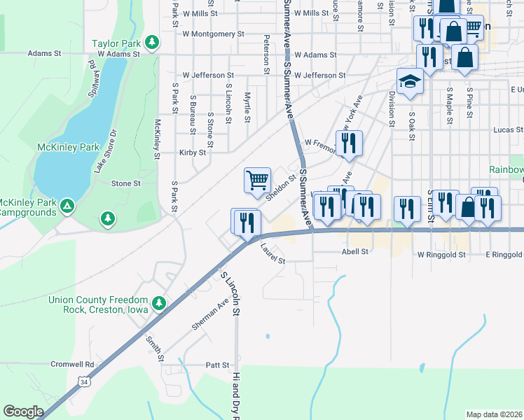 map of restaurants, bars, coffee shops, grocery stores, and more near 608-614 Sheldon Street in Creston