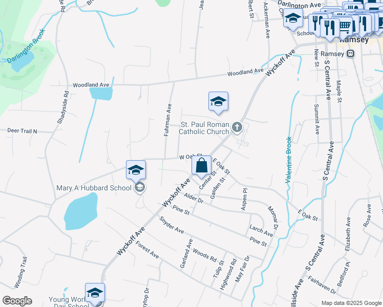 map of restaurants, bars, coffee shops, grocery stores, and more near 33 West Oak Street in Ramsey