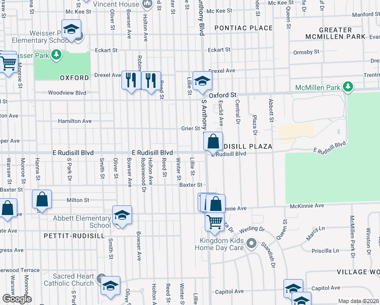 map of restaurants, bars, coffee shops, grocery stores, and more near 1627 East Rudisill Boulevard in Fort Wayne