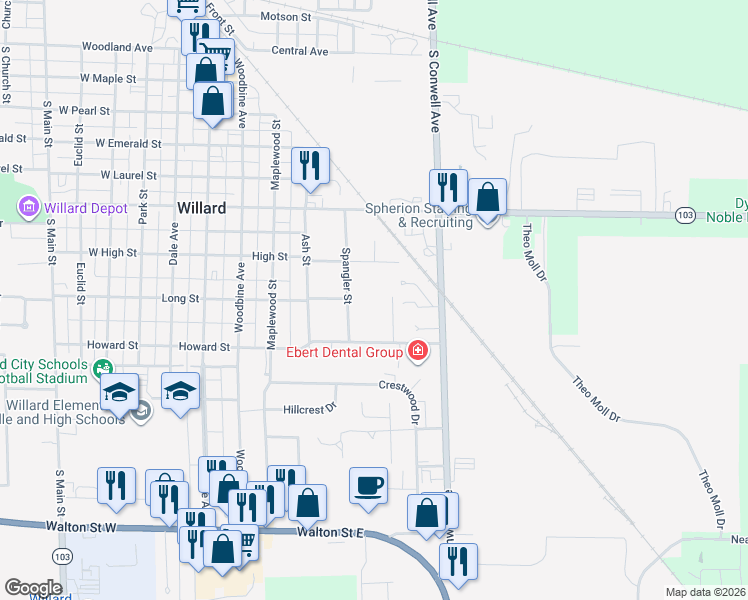 map of restaurants, bars, coffee shops, grocery stores, and more near 647 Spangler St in Willard