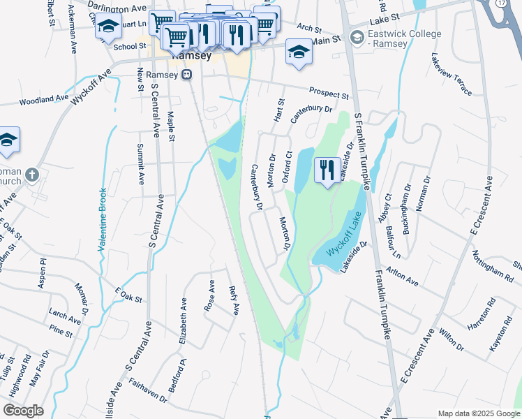 map of restaurants, bars, coffee shops, grocery stores, and more near 256 Canterbury Drive in Ramsey