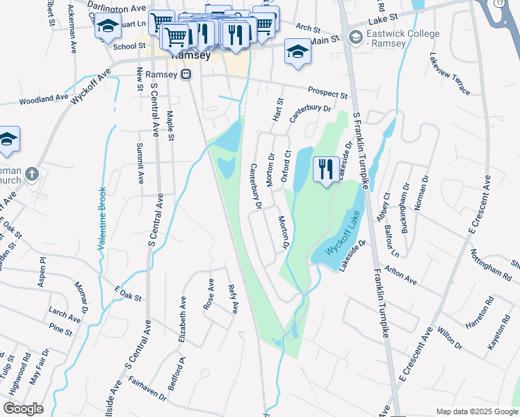 map of restaurants, bars, coffee shops, grocery stores, and more near Canterbury Drive in Ramsey