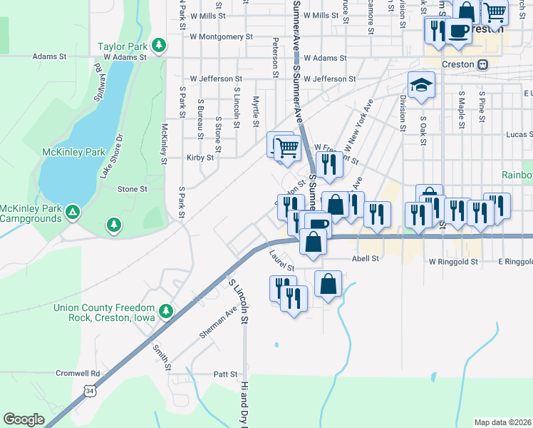 map of restaurants, bars, coffee shops, grocery stores, and more near 614 Sheldon Street in Creston