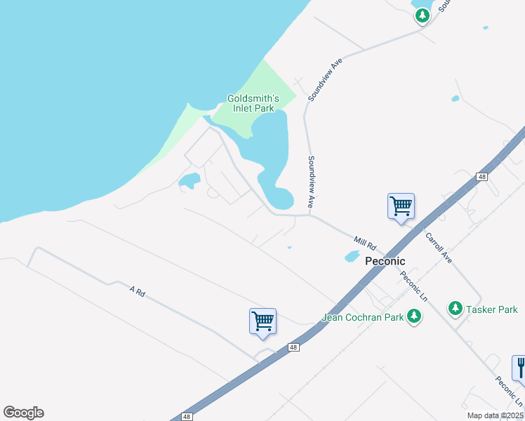 map of restaurants, bars, coffee shops, grocery stores, and more near 2545 Mill Lane in Peconic