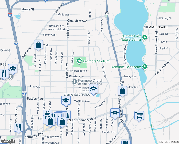 map of restaurants, bars, coffee shops, grocery stores, and more near 747 Silvercrest Avenue in Akron