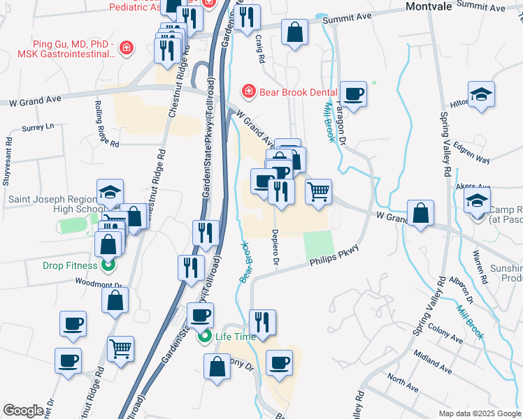map of restaurants, bars, coffee shops, grocery stores, and more near 3 Mercedes Drive in Montvale