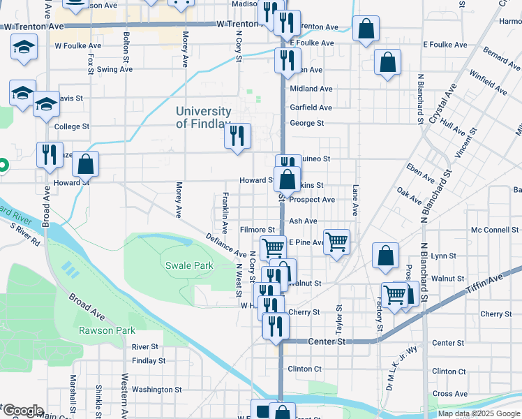 map of restaurants, bars, coffee shops, grocery stores, and more near 806 N Cory St in Findlay