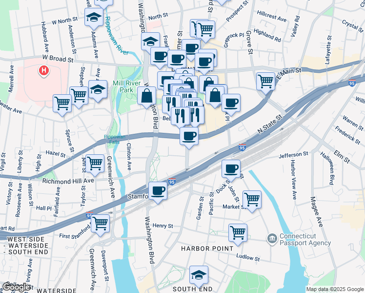 map of restaurants, bars, coffee shops, grocery stores, and more near 307 Atlantic Street in Stamford
