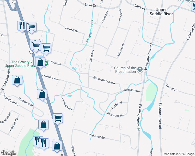 map of restaurants, bars, coffee shops, grocery stores, and more near 49 Elizabeth Terrace in Saddle River