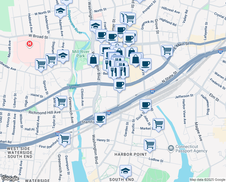 map of restaurants, bars, coffee shops, grocery stores, and more near 405 Atlantic Street in Stamford