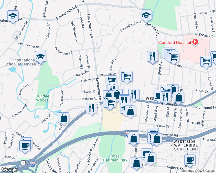 map of restaurants, bars, coffee shops, grocery stores, and more near 50 Myano Lane in Stamford