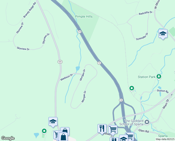 map of restaurants, bars, coffee shops, grocery stores, and more near 59 Morgan Drive in Sparta