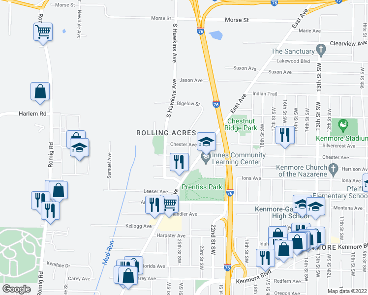 map of restaurants, bars, coffee shops, grocery stores, and more near 1182 Chester Avenue in Akron