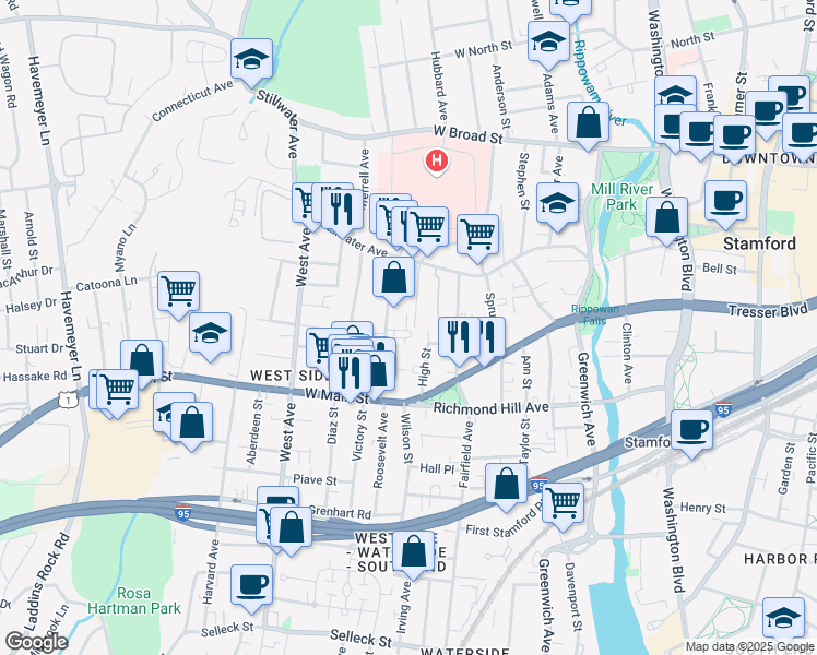 map of restaurants, bars, coffee shops, grocery stores, and more near 59 Liberty Street in Stamford