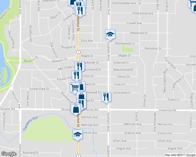 map of restaurants, bars, coffee shops, grocery stores, and more near 73 Clifton Drive in Youngstown