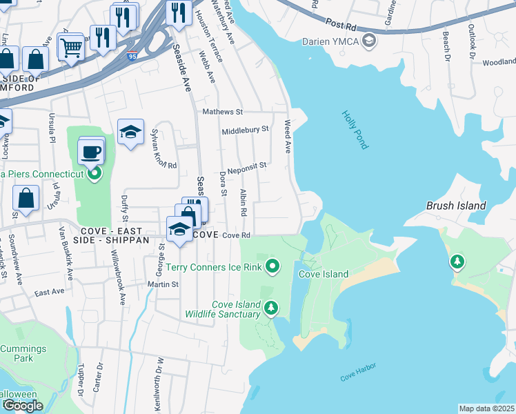 map of restaurants, bars, coffee shops, grocery stores, and more near 2 Island Heights Drive in Stamford