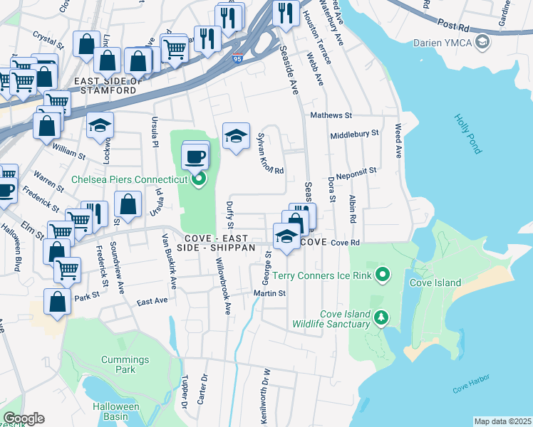 map of restaurants, bars, coffee shops, grocery stores, and more near 60 Palmer Avenue in Stamford