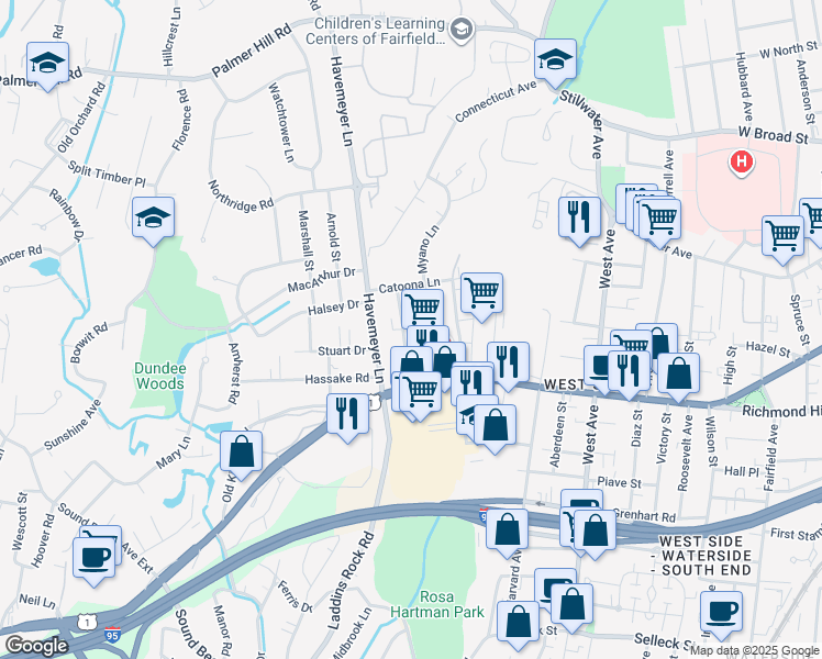 map of restaurants, bars, coffee shops, grocery stores, and more near 50 Myano Lane in Stamford