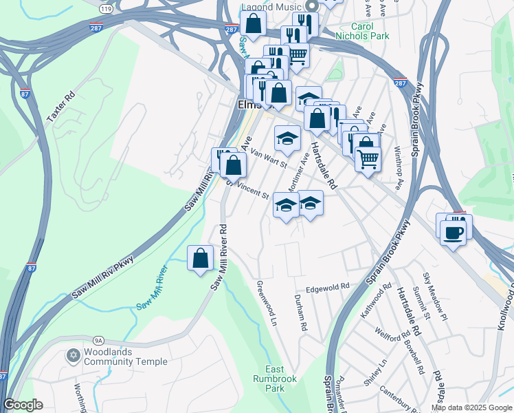 map of restaurants, bars, coffee shops, grocery stores, and more near 59 South Lawn Avenue in Elmsford