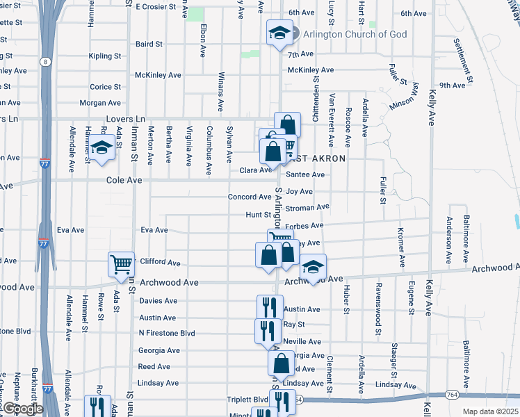 map of restaurants, bars, coffee shops, grocery stores, and more near 1006 Concord Avenue in Akron