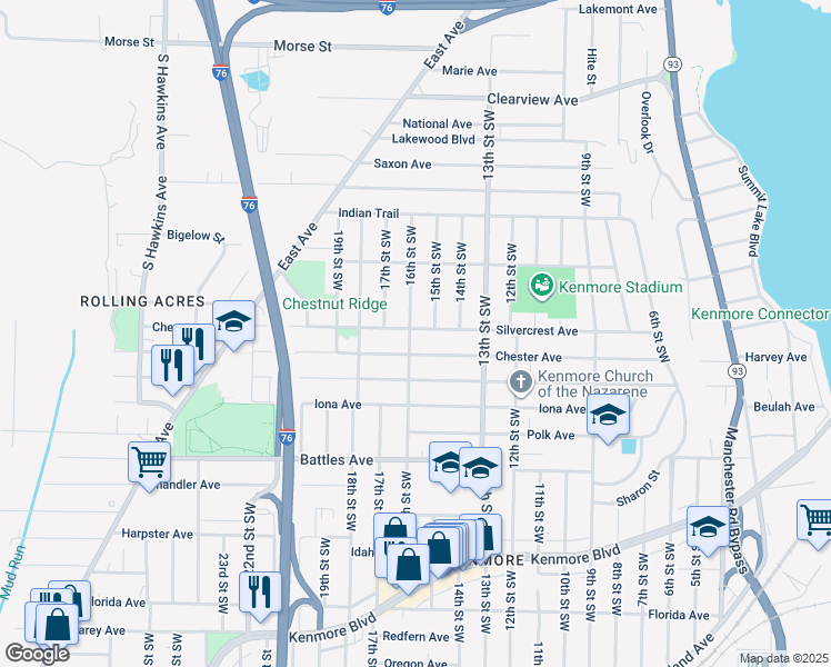map of restaurants, bars, coffee shops, grocery stores, and more near 915 Silvercrest Avenue in Akron