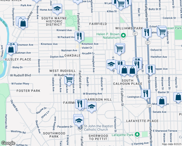 map of restaurants, bars, coffee shops, grocery stores, and more near 410 West Rudisill Boulevard in Fort Wayne