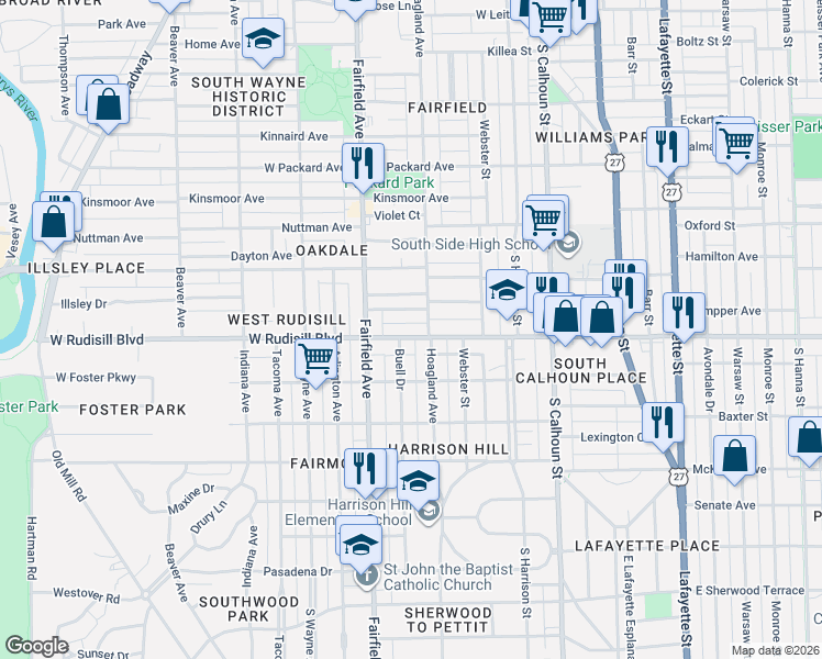 map of restaurants, bars, coffee shops, grocery stores, and more near 410 West Rudisill Boulevard in Fort Wayne
