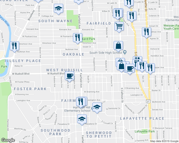 map of restaurants, bars, coffee shops, grocery stores, and more near 410 West Rudisill Boulevard in Fort Wayne