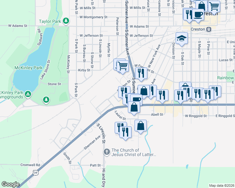 map of restaurants, bars, coffee shops, grocery stores, and more near 608-614 Sheldon Street in Creston