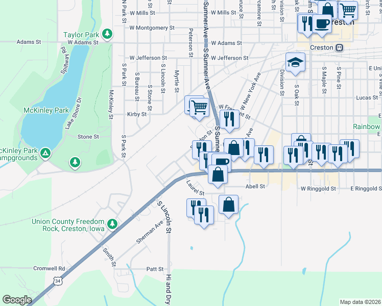 map of restaurants, bars, coffee shops, grocery stores, and more near 608-614 Sheldon Street in Creston