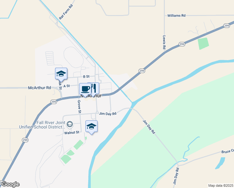 map of restaurants, bars, coffee shops, grocery stores, and more near 44327 California 299 in McArthur