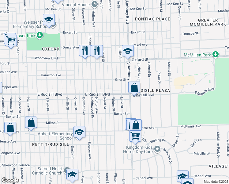 map of restaurants, bars, coffee shops, grocery stores, and more near 1603 East Rudisill Boulevard in Fort Wayne