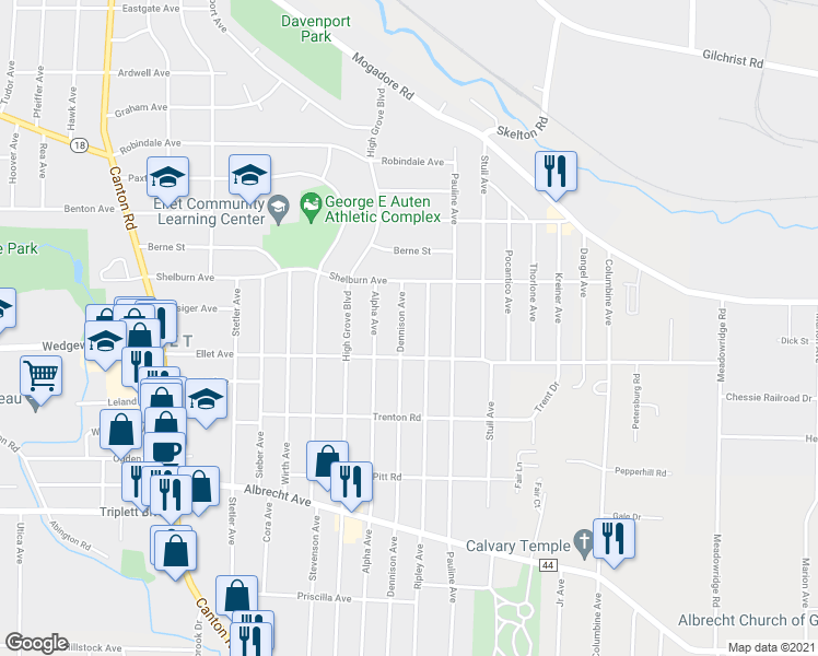 map of restaurants, bars, coffee shops, grocery stores, and more near 257 Dennison Avenue in Akron