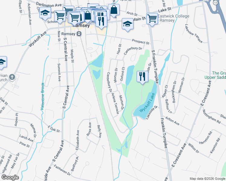 map of restaurants, bars, coffee shops, grocery stores, and more near 256 Canterbury Drive in Ramsey