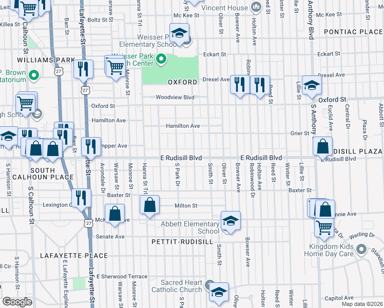 map of restaurants, bars, coffee shops, grocery stores, and more near 1001 East Rudisill Boulevard in Fort Wayne