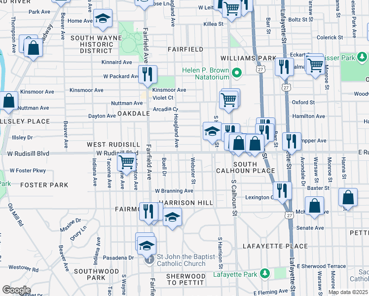 map of restaurants, bars, coffee shops, grocery stores, and more near 344 West Rudisill Boulevard in Fort Wayne
