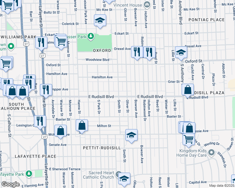 map of restaurants, bars, coffee shops, grocery stores, and more near 1025 East Rudisill Boulevard in Fort Wayne