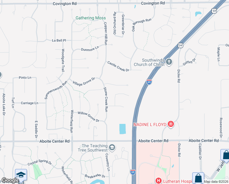 map of restaurants, bars, coffee shops, grocery stores, and more near 8609 Creekside Place in Fort Wayne