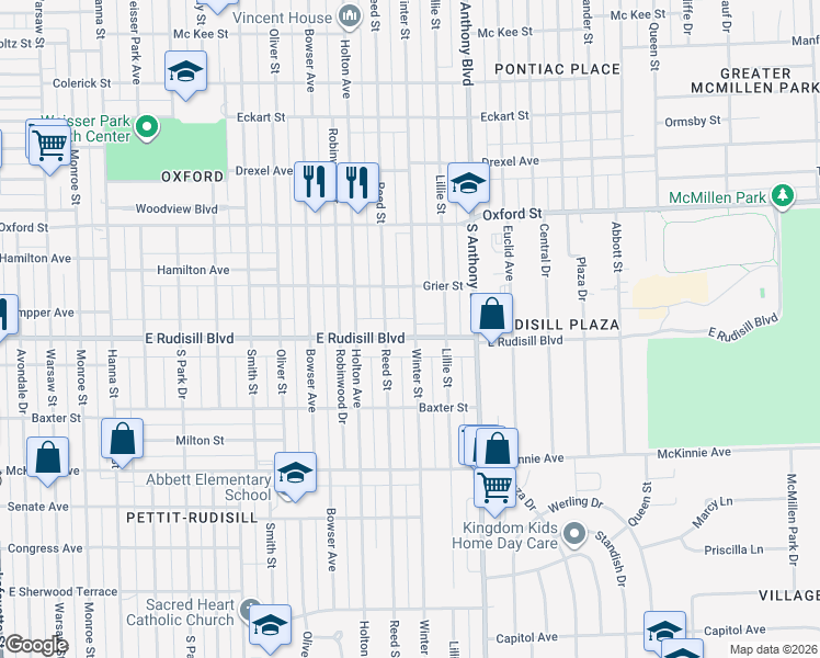 map of restaurants, bars, coffee shops, grocery stores, and more near 1529 East Rudisill Boulevard in Fort Wayne