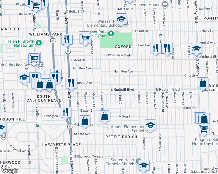 map of restaurants, bars, coffee shops, grocery stores, and more near 725 East Rudisill Boulevard in Fort Wayne