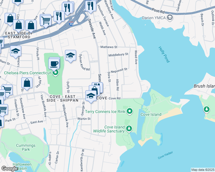 map of restaurants, bars, coffee shops, grocery stores, and more near 39 Dora Street in Stamford