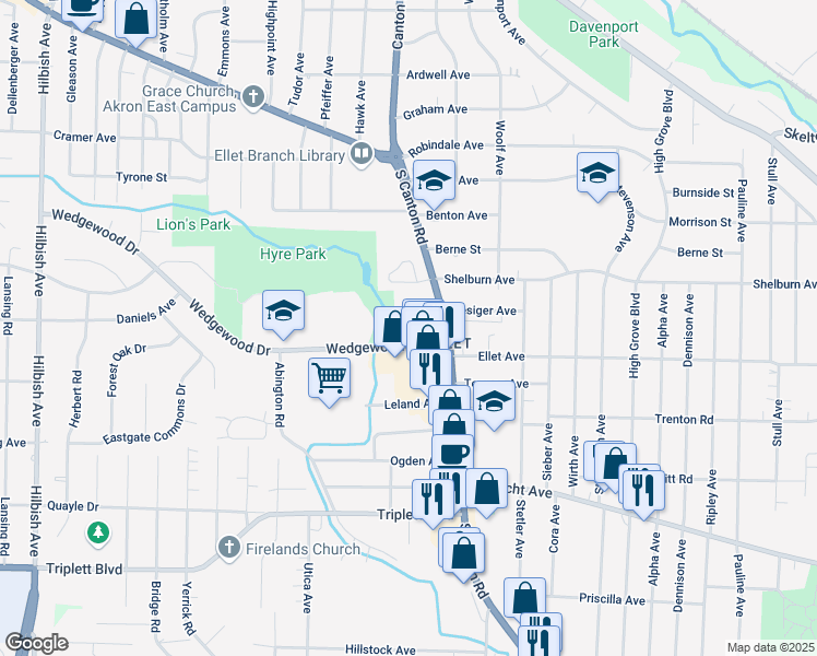map of restaurants, bars, coffee shops, grocery stores, and more near 2525 Wedgewood Drive in Akron