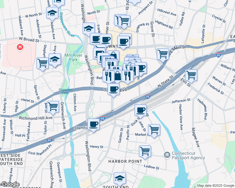 map of restaurants, bars, coffee shops, grocery stores, and more near 170 Atlantic Street in Stamford