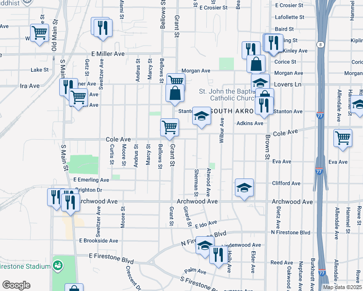 map of restaurants, bars, coffee shops, grocery stores, and more near 1192 Girard Street in Akron