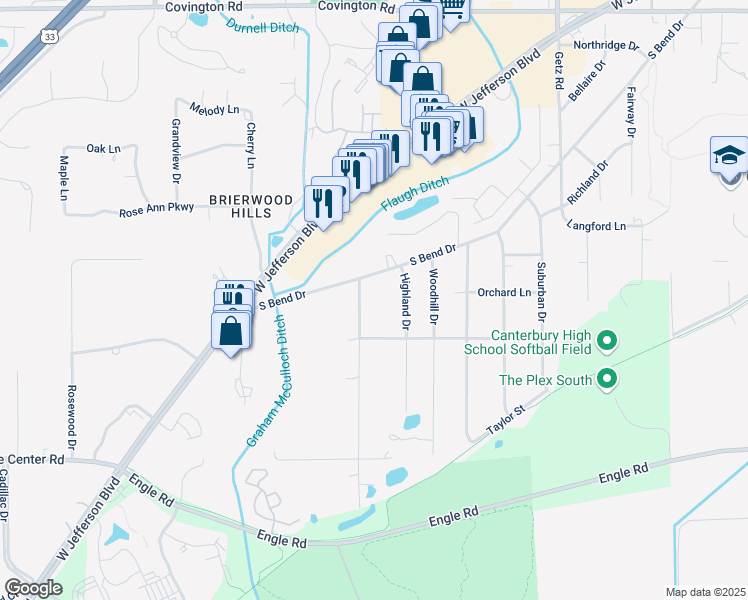 map of restaurants, bars, coffee shops, grocery stores, and more near 3703 Hazelhurst Drive in Fort Wayne
