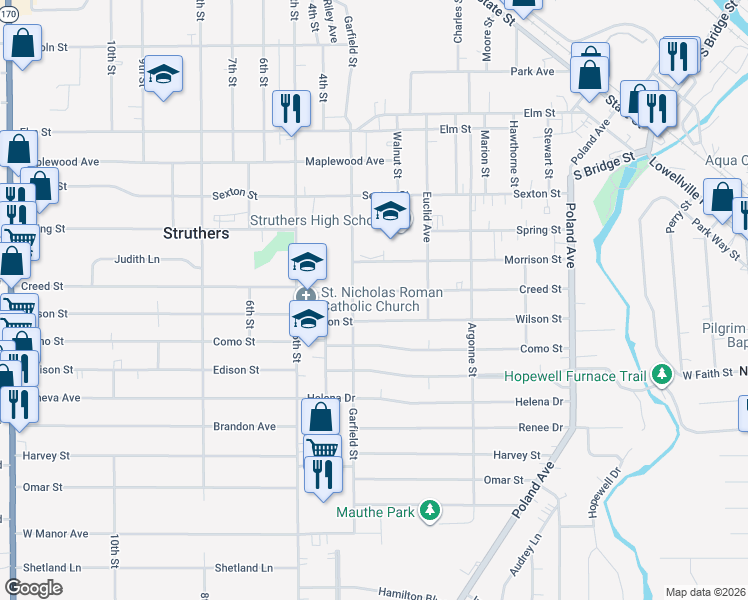 map of restaurants, bars, coffee shops, grocery stores, and more near 212 Creed Street in Struthers